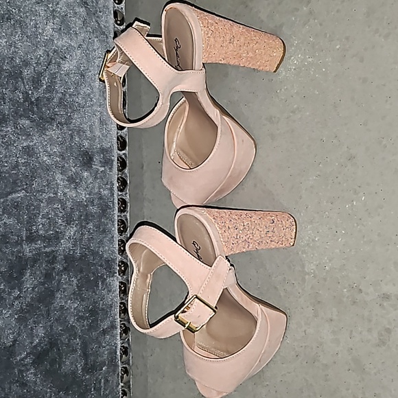 Soft Blush Suede Ankle Strap Platform Glittered Block Heels - Picture 4 of 6